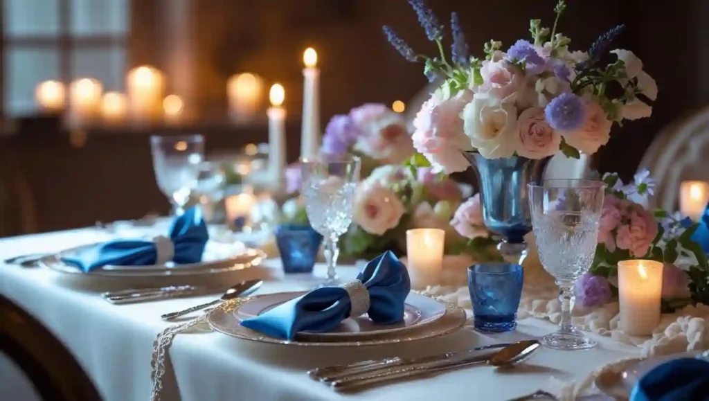 A beautifully set table for 45th wedding anniversary dinner with subtle sapphire blue accents