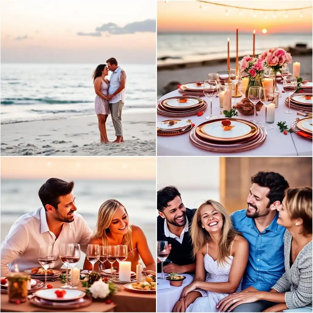 A collage of celebration ideas - a couple on a beach, a romantic dinner setup, a family laughing together for 45th wedding anniversary