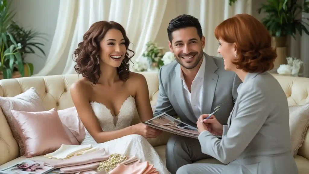 couple happily discussing wedding decor packages with planner