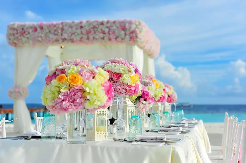wedding flowers at beach reception