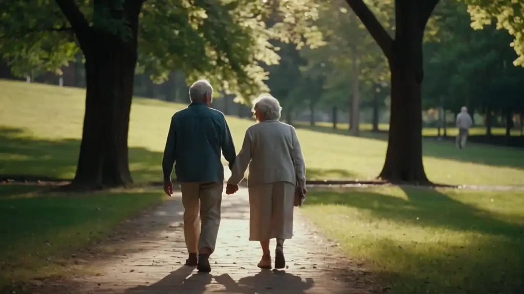 old lovely couple holding hand and walking