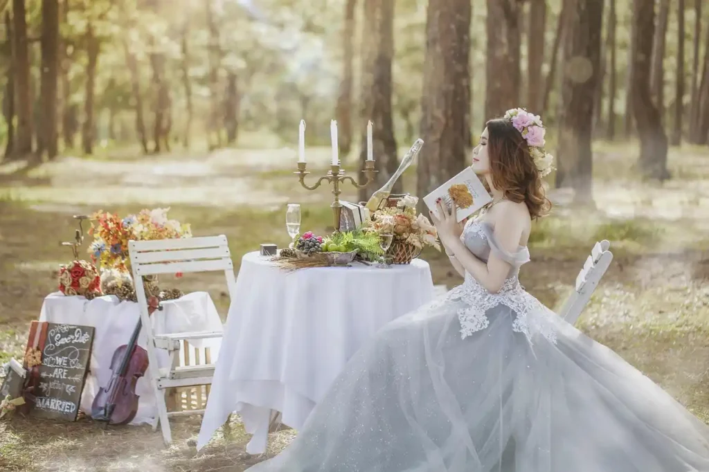 bride at wedding breakfast table