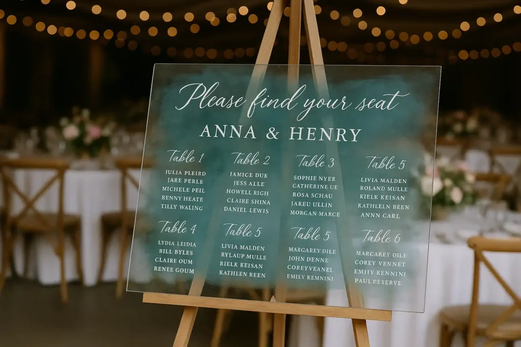 glass seating chart at wedding reception